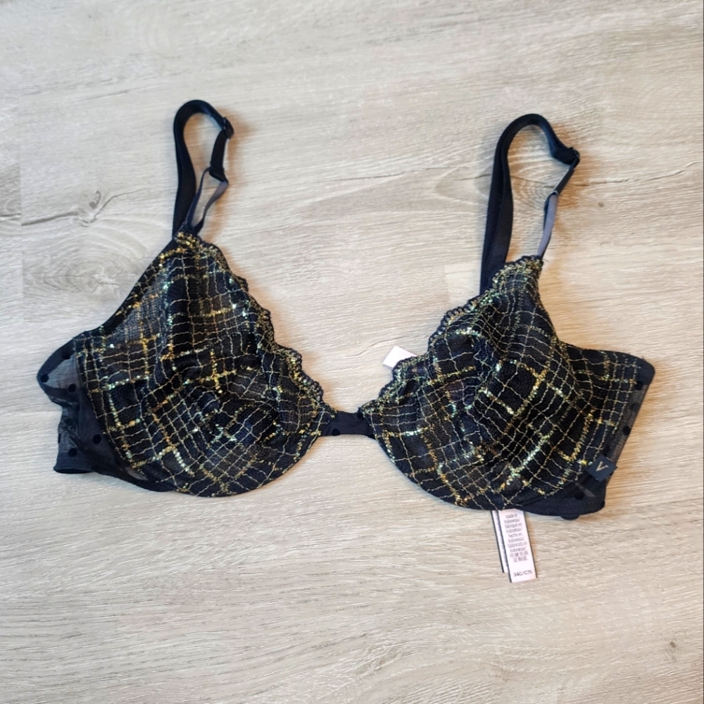 Victoria Secret Black Plaid Lace Sexy Bra Size 34C NEW!